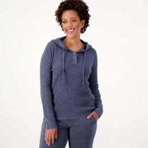 BAREFOOT DREAMS Cozychic Ultra Lite Ribbed Henley Hoodie Sweater In Blue Size L